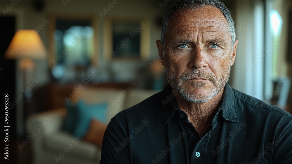 A multiracial man with striking blue eyes stands confidently in a well-decorated living room, exuding a sense of introspection and calm during the evening A multiracial man with striking blue eyes stands confidently in a well-decorated living room, exuding a sense of introspection and calm during the evening