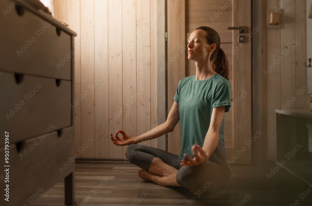 Young woman meditating, sitting in Yoga position on floor managing stress health breathing
Young woman meditating, sitting in Yoga position on floor managing stress health breathing