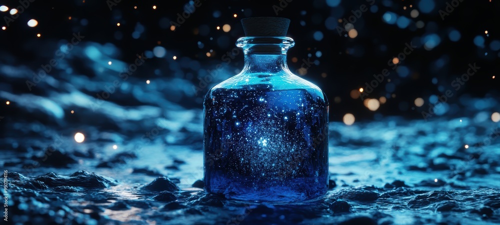 A bottle filled with deep, midnight-blue liquid, flecked with silver stardust, called Elixir of the Moon A bottle filled with deep, midnight-blue liquid, flecked with silver stardust, called Elixir of the Moon