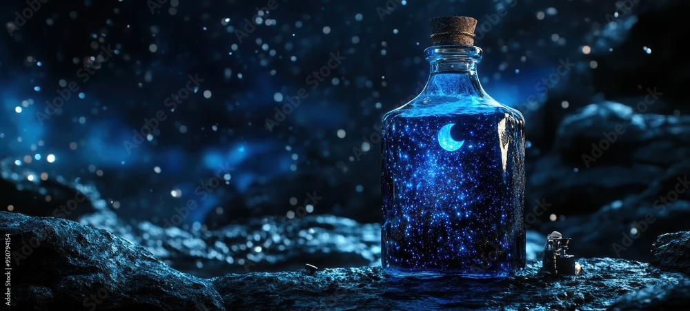 A bottle filled with deep, midnight-blue liquid, flecked with silver stardust, called Elixir of the Moon A bottle filled with deep, midnight-blue liquid, flecked with silver stardust, called Elixir of the Moon
