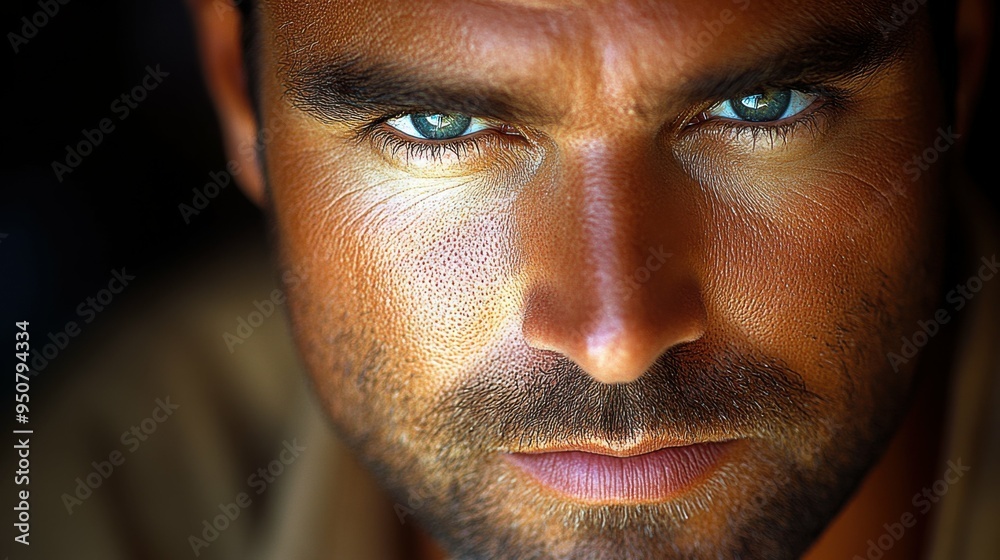 A multiracial man stares directly at the viewer with deep blue eyes, his tanned skin highlighted by warm natural light, conveying a strong and focused demeanor A multiracial man stares directly at the viewer with deep blue eyes, his tanned skin highlighted by warm natural light, conveying a strong and focused demeanor
