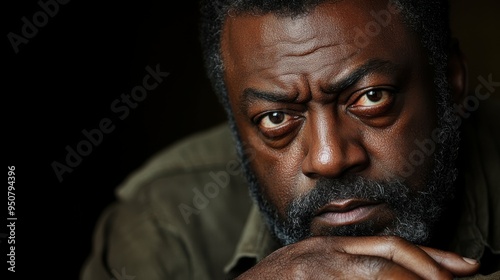 This multiracial man, dressed in a brown shirt, sits pensively with a serious expression, lost in thought. The warm lighting enhances the mood, inviting introspection