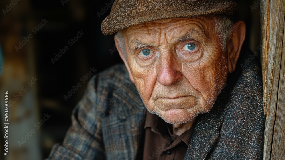 The multiracial man, wearing a brown hat and a patterned jacket, reflects deeply while seated near a rustic wooden frame, showcasing a serene moment filled with contemplation The multiracial man, wearing a brown hat and a patterned jacket, reflects deeply while seated near a rustic wooden frame, showcasing a serene moment filled with contemplation