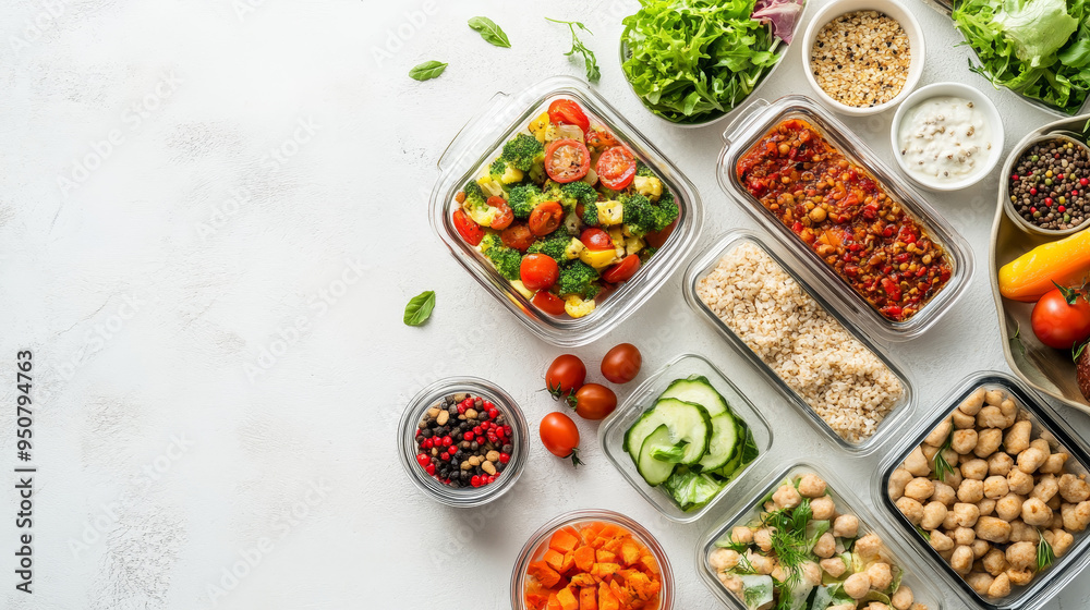 Glass Containers: Showcasing a variety of meals such as salads, grains, proteins, and fruits. The transparency of the containers highlights the freshness and variety of the food.
Glass Containers: Showcasing a variety of meals such as salads, grains, proteins, and fruits. The transparency of the containers highlights the freshness and variety of the food.