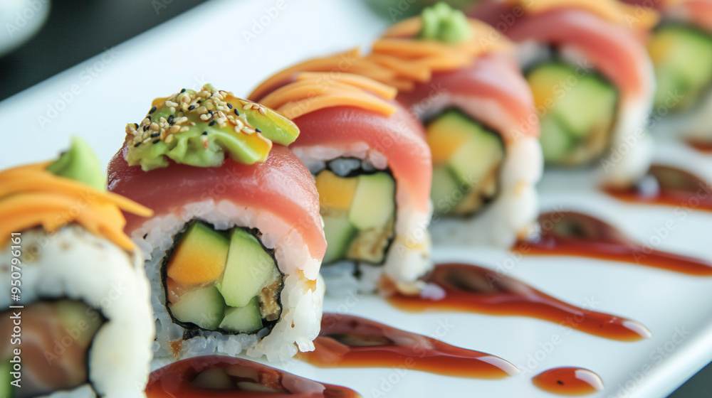 Artfully arranged sushi rolls with assorted fillings like tuna, avocado, and cucumber, served with soy sauce and pickled ginger Artfully arranged sushi rolls with assorted fillings like tuna, avocado, and cucumber, served with soy sauce and pickled ginger