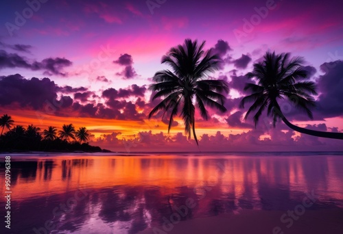 vibrant palm silhouettes framed stunning sunset horizon rich colors inviting atmosphere, sky, orange, red, yellow, blue, clouds, evening, landscape, nature