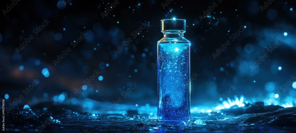 A crystal vial containing a deep, midnight-blue liquid, dotted with glowing white specks, known as Elixir of the Stars A crystal vial containing a deep, midnight-blue liquid, dotted with glowing white specks, known as Elixir of the Stars