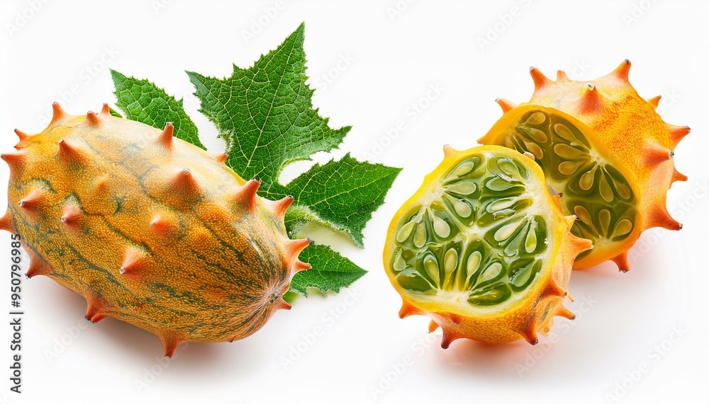Set of Kiwano Melon and leaves, isolated on white background Set of Kiwano Melon and leaves, isolated on white background