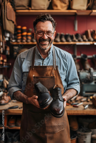 A smiling male shoe craftsman holds two black leather dress boots in his maroon workshop, wearing an apron and glasses, showcasing traditional craftsmanship techniques
