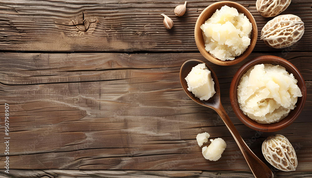 Shea butter in spoon and bowls on wooden background, close up