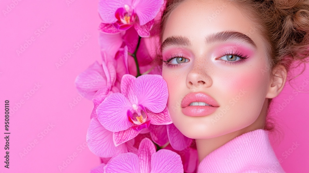 Soft and feminine portrait of a woman with pink makeup and orchid flowers against a pastel pink background, ideal for beauty and skincare advertising, fashion editorials, and romantic-themed designs w Soft and feminine portrait of a woman with pink makeup and orchid flowers against a pastel pink background, ideal for beauty and skincare advertising, fashion editorials, and romantic-themed designs w