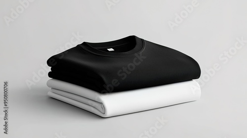 A mockup of two folded black and white t-shirts stacked on top of each other, placed against an isolated background. 