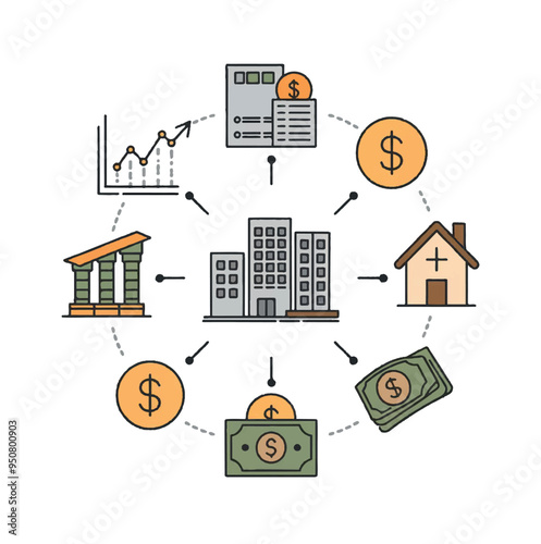diversified investment portfolio with stocks, bonds, and real estate. There are icons of a stock marketgraph, a building, and a house. 