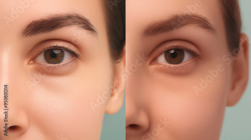 Colagem com fotos de mulher com olheiras antes e depois do tratamento closeup photo