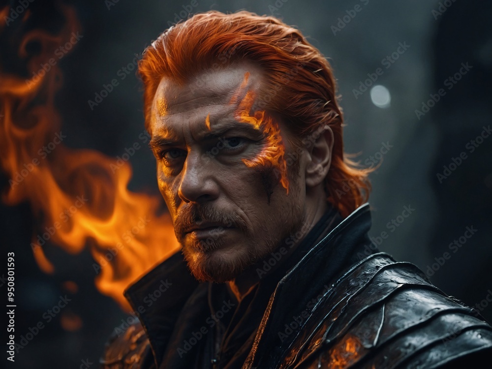 Fiery portrait of a powerful man, blending fantasy elements. Fiery portrait of a powerful man, blending fantasy elements.