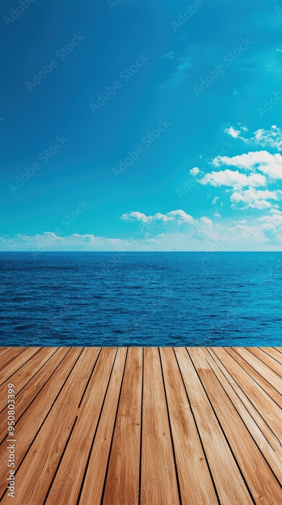 Fototapeta premium Serene Blue Sea and Sky from Wooden Deck Under Bright Sunlight in Summer