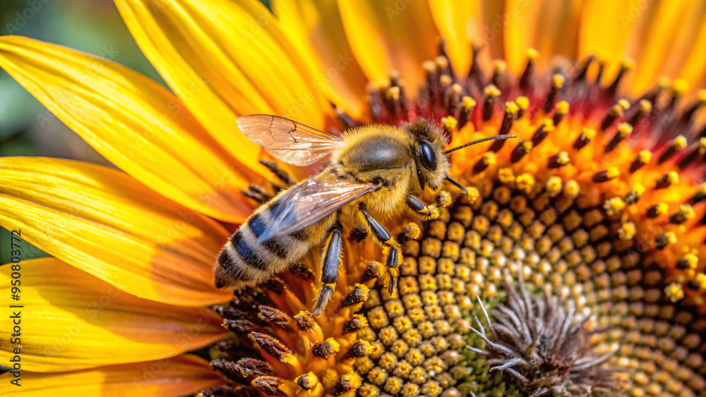 A detailed macro shot of a honeybee collecting pollen from a vibrant sunflower, with the intricate textures of the petals and the bee’s wings in sharp focus A detailed macro shot of a honeybee collecting pollen from a vibrant sunflower, with the intricate textures of the petals and the bee’s wings in sharp focus