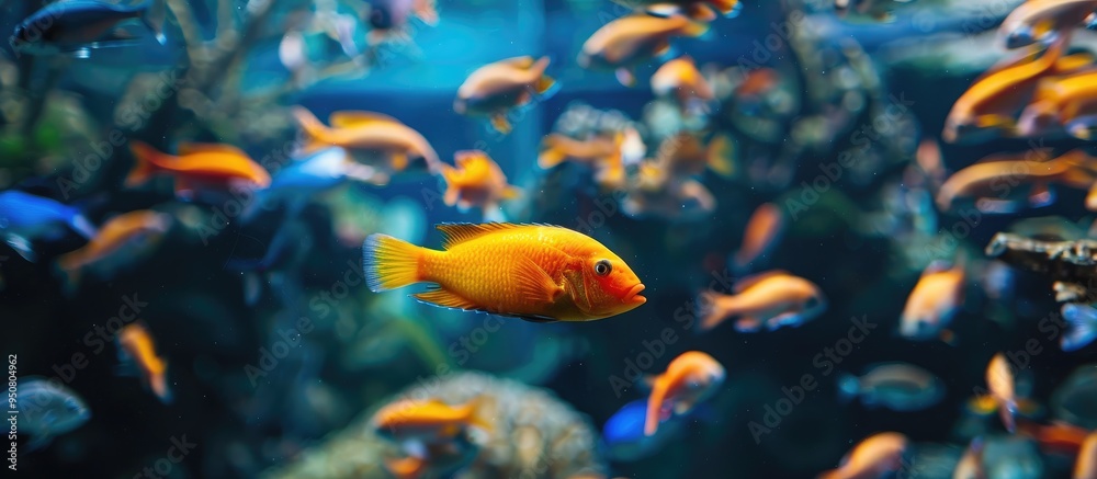 Big Fishes In Aquarium Dark Deep Blue Water