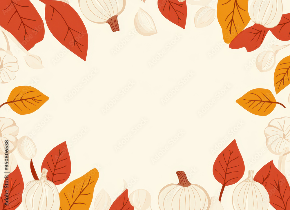 Obraz premium Autumn background vector design with vegetables and fall leaves frame on beige color. Onion and garlic 