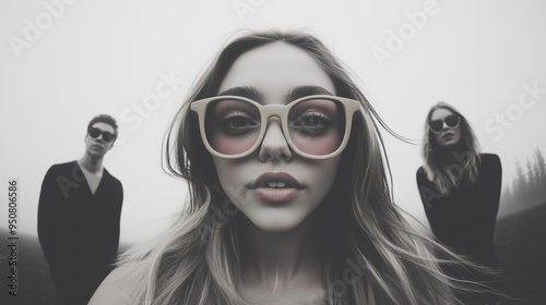 Young Woman Wearing Sunglasses with Friends in Background