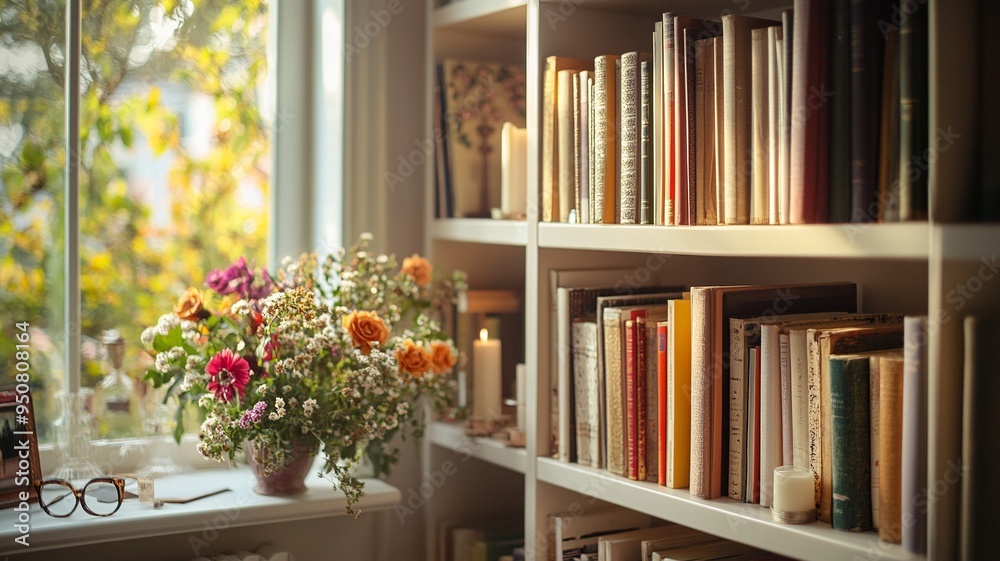 A cozy bookshelf filled with books, creating a warm and inviting atmosphere. Perfect for themes of reading, comfort, and home decor A cozy bookshelf filled with books, creating a warm and inviting atmosphere. Perfect for themes of reading, comfort, and home decor
