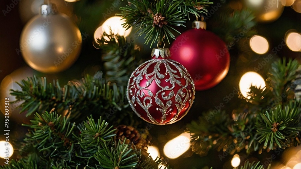 close-up of a red shiny Christmas tree decoration close-up of a red shiny Christmas tree decoration