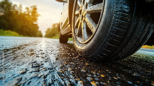 Tires gripping the road surface, showcasing traction and handling characteristics on both dry and wet conditions. 