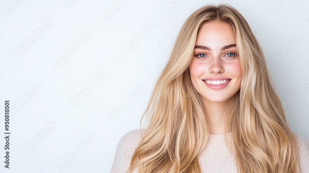 Portrait of a smiling woman with long blonde hair against a light background. Ideal for beauty, fashion, and lifestyle marketing, with ample copy space for text in minimalist, modern design. Portrait of a smiling woman with long blonde hair against a light background. Ideal for beauty, fashion, and lifestyle marketing, with ample copy space for text in minimalist, modern design.