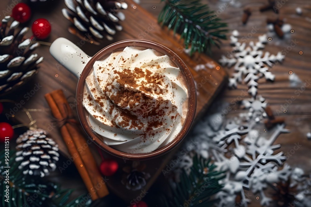 A mug of hot chocolate with whipped cream on top. For design,wallpaper, poster, interior, advertising, banner. With place for text.Vacation concept.Winter xmas holiday theme. A mug of hot chocolate with whipped cream on top. For design,wallpaper, poster, interior, advertising, banner. With place for text.Vacation concept.Winter xmas holiday theme.