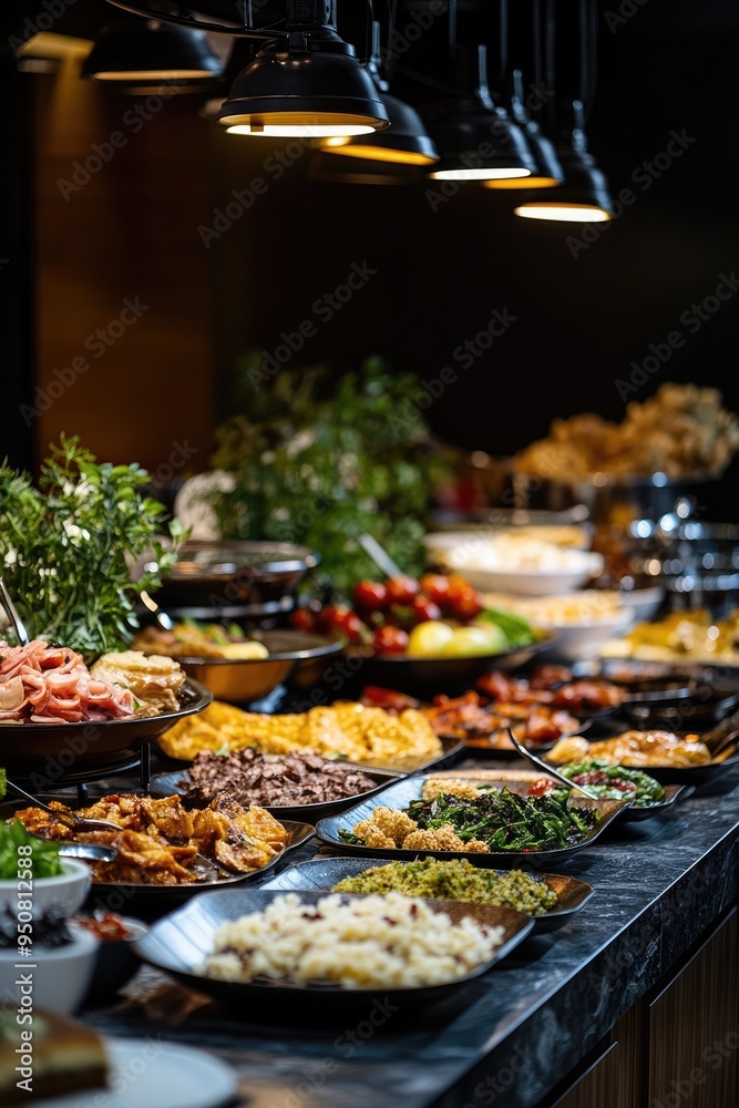 Buffet Food in a Luxury Hotel: Catering Kitchen Concept with Variety on Display Buffet Food in a Luxury Hotel: Catering Kitchen Concept with Variety on Display