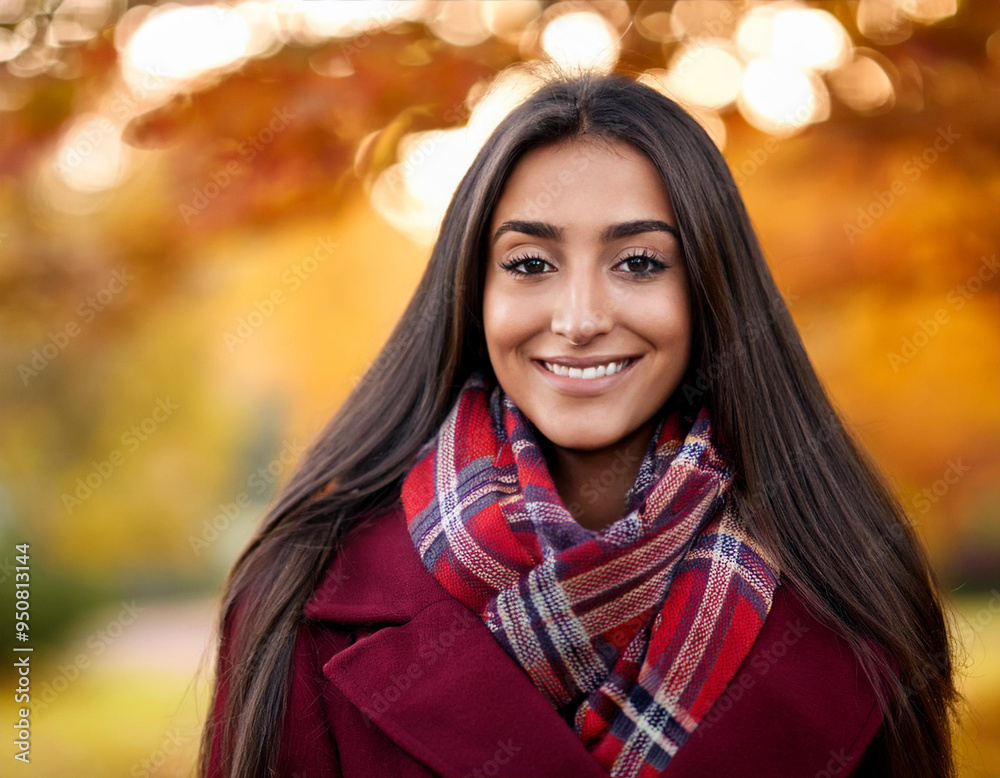 Happy Woman's Autumn Portrait: Outdoor Headshot with Smiling Expression and Copyspace Happy Woman's Autumn Portrait: Outdoor Headshot with Smiling Expression and Copyspace