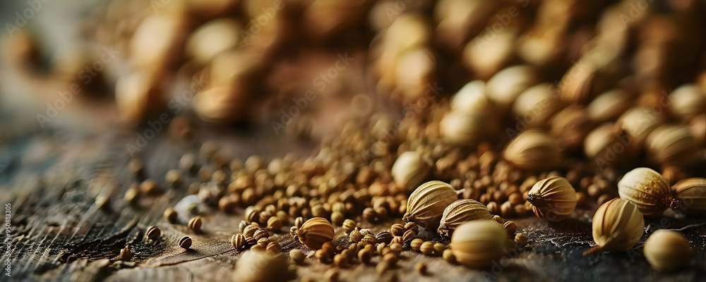 Obraz premium A few coriander seeds arranged on the table with empty space for text or image.