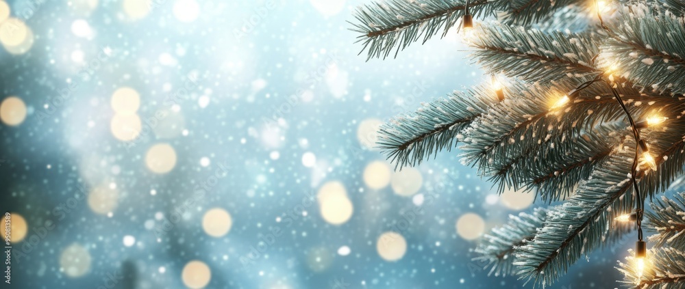 Foggy Christmas background with pine branches and lights, pastel blue background with bokeh effect space for text Generative AI Foggy Christmas background with pine branches and lights, pastel blue background with bokeh effect space for text Generative AI