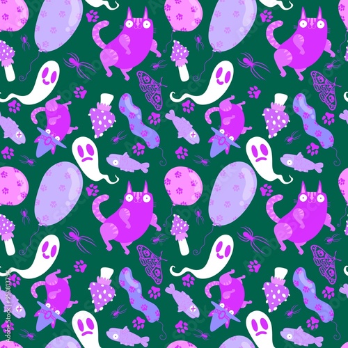 Halloween animals seamless cats and pumpkins pattern for wrapping paper