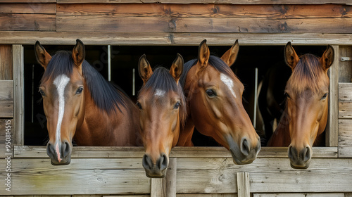 animais domésticos de cavalo marrom em estábulo de madeira. Raça de garanhão equestre em celeiro de fazenda, inverno ao ar livre ou ao ar livre, gado no campo ou na aldeia, caixa, janela, cabeça photo