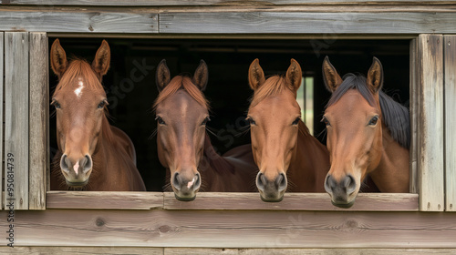 animais domésticos de cavalo marrom em estábulo de madeira. Raça de garanhão equestre em celeiro de fazenda, inverno ao ar livre ou ao ar livre, gado no campo ou na aldeia, caixa, janela, cabeça photo