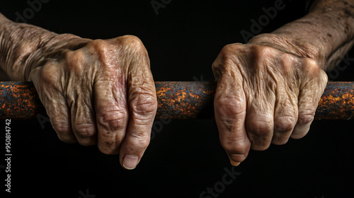 Close de mãos de idosos segurando uma barra de metal enferrujada sobre um fundo preto. photo