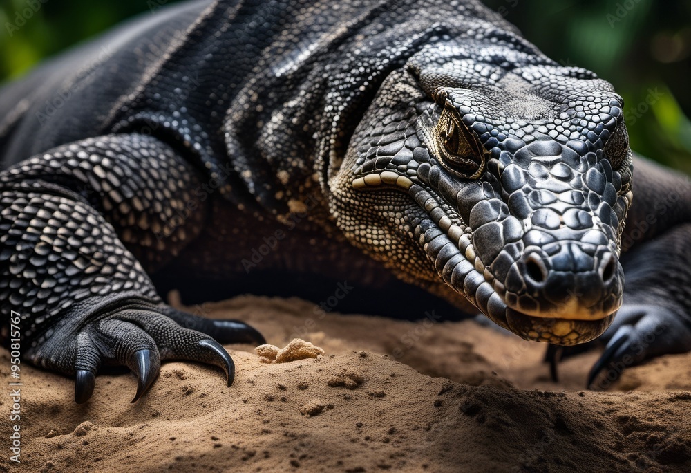 Obraz premium A Dramatic Close-up Shot Of An Intimidating Komodo Dragon Patrolling His Beach For Prey Or Threats