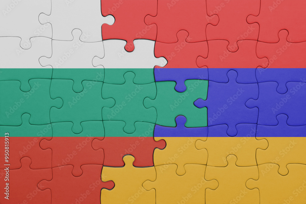puzzle with the colourful national flag of armenia and flag of bulgaria. puzzle with the colourful national flag of armenia and flag of bulgaria.