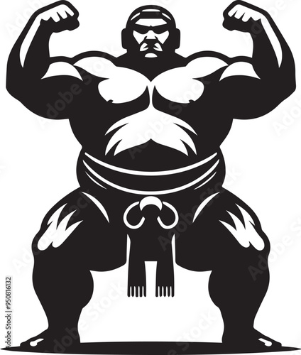 A black and white sumo wrestler silhouette design