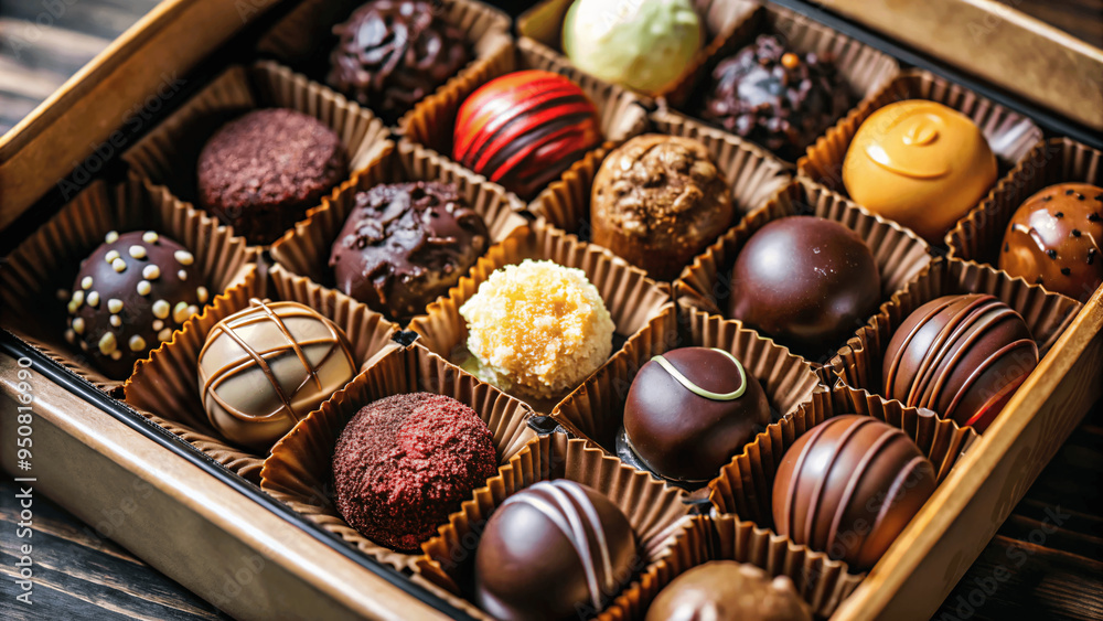 A detailed shot of a collection of gourmet chocolates in a decorative box A detailed shot of a collection of gourmet chocolates in a decorative box