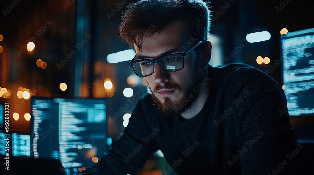 Focused Software Developer Coding on Laptop in Modern Tech Hub: Minimalist Aesthetic, Contemporary Workspace, Creative Coding Ambiance

