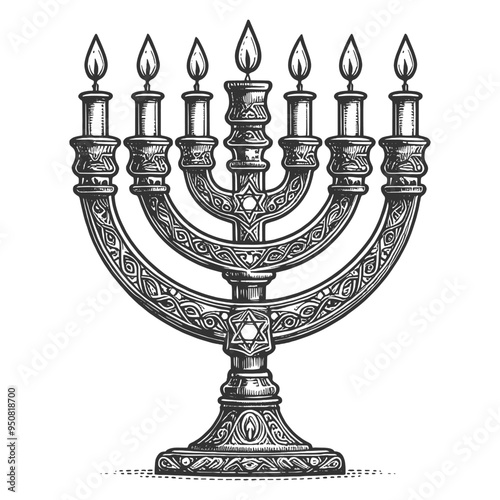 Menorah with all candles lit, symbolizing Hanukkah. Religion holiday symbol. Star of David. Sketch engraving generative ai vector illustration. Scratch board imitation. Black and white image.