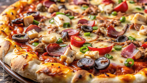 A high-resolution image of a gourmet pizza fresh out of the oven with melted cheese and toppings