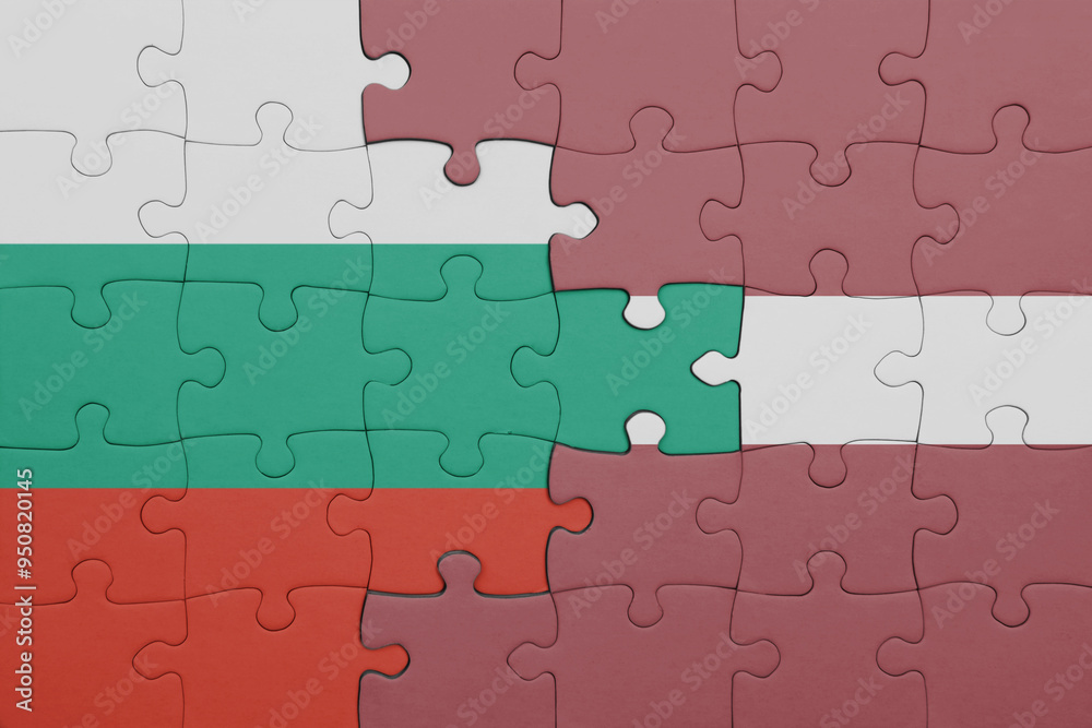 puzzle with the colourful national flag of latvia and flag of bulgaria. puzzle with the colourful national flag of latvia and flag of bulgaria.