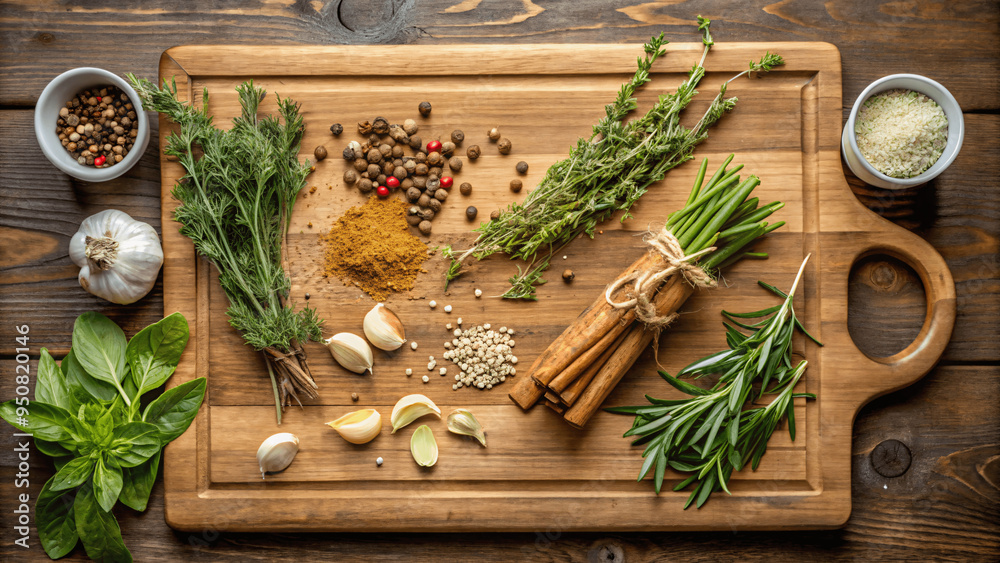 A realistic image of a polished wooden cutting board with fresh herbs and spices
A realistic image of a polished wooden cutting board with fresh herbs and spices
