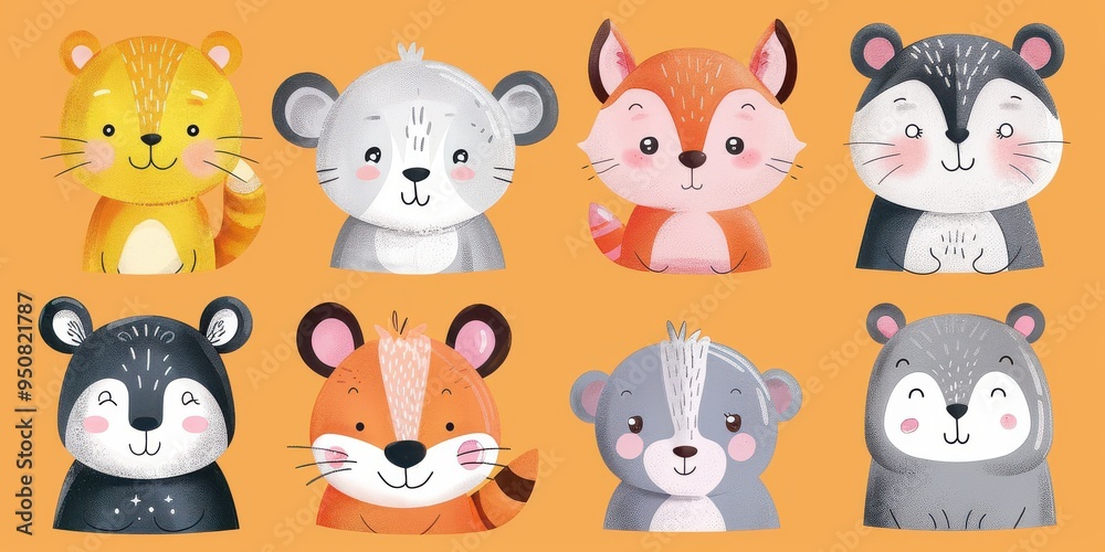 A collection of adorable, hand-drawn animal faces with expressive eyes, featuring various forest creatures in a cartoon style. A collection of adorable, hand-drawn animal faces with expressive eyes, featuring various forest creatures in a cartoon style.