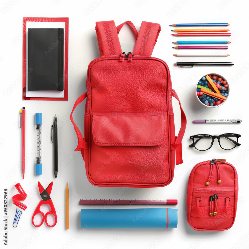 Back to school. School supplies and a red student backpack isolated on white background, top view Back to school. School supplies and a red student backpack isolated on white background, top view