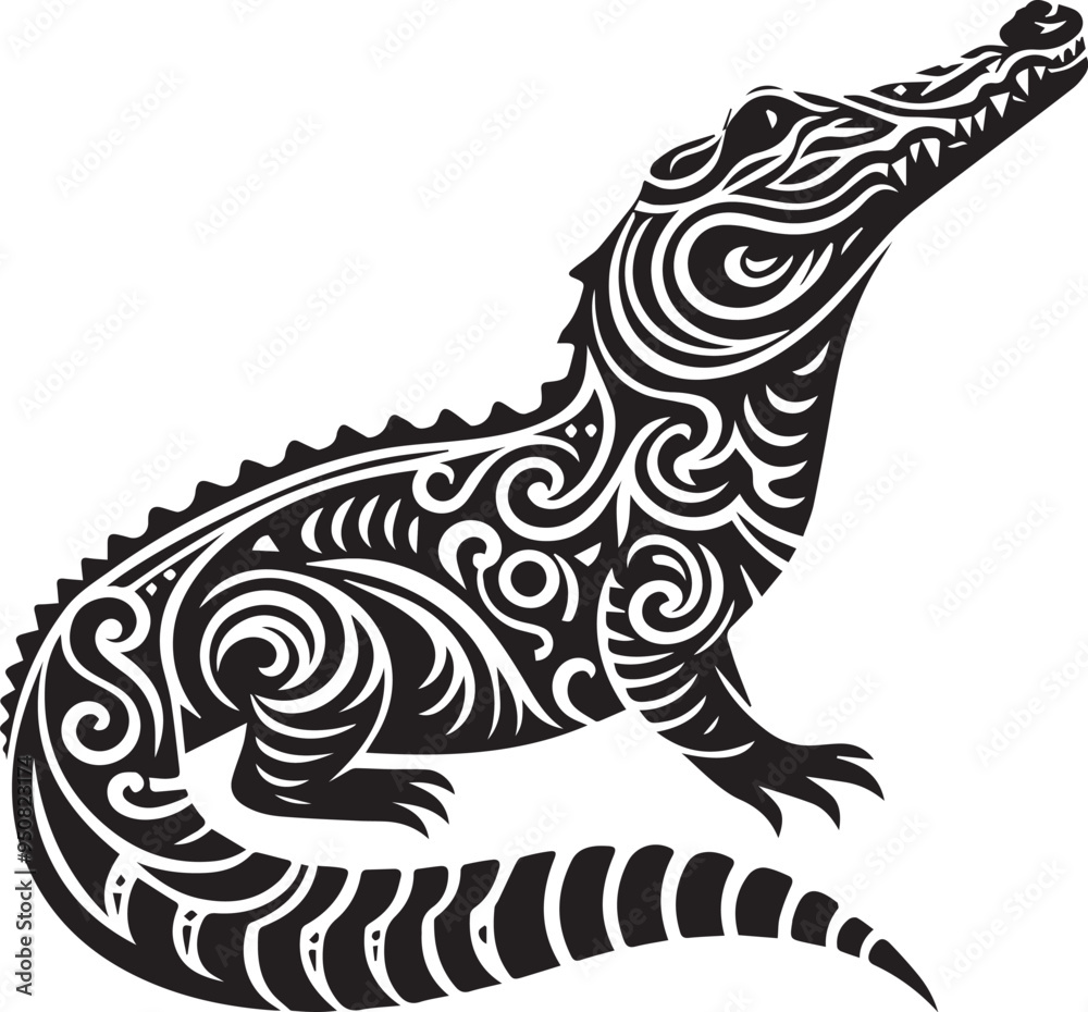 A black and white crocodile silhouette design A black and white crocodile silhouette design
