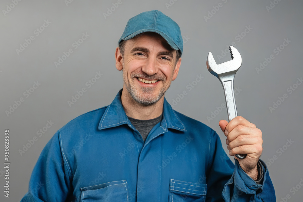 Mechanic in a workshop, smiling while holding a wrench